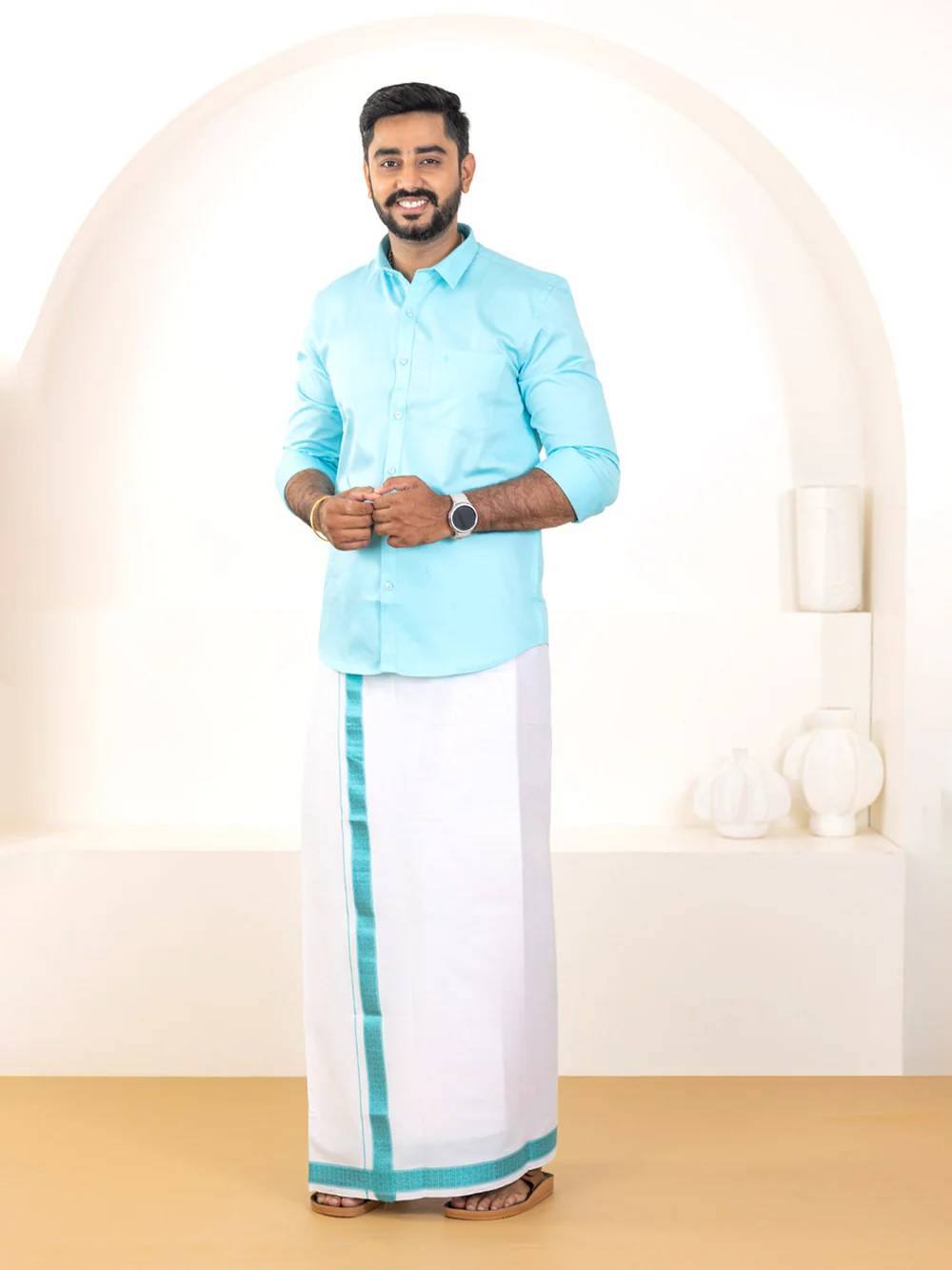 Men 100% Cotton Sky Blue Shirt and Fancy Border Dhoti Set BT5